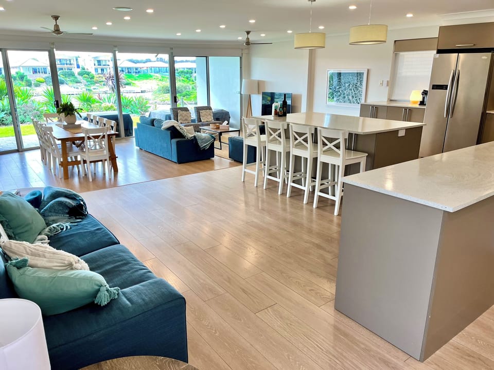 Spacious living areas with views out to the water. 