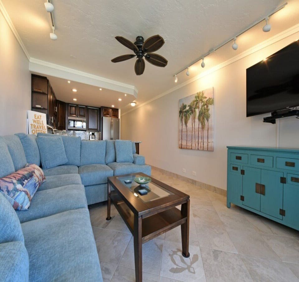 Large sectional sofa offers plenty of seating, perfect for relaxing after a day of exploring