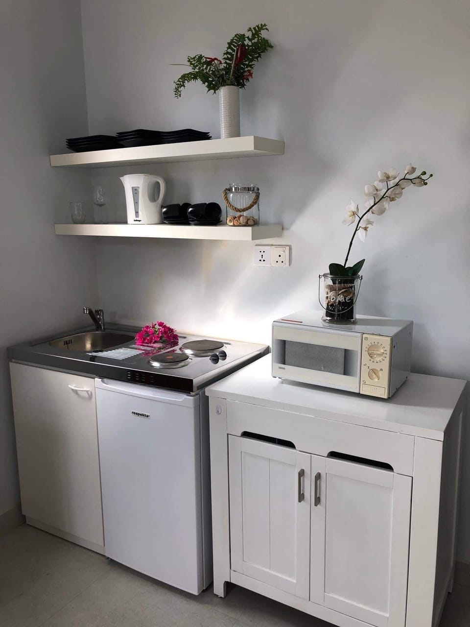 Fridge, microwave, electric kettle