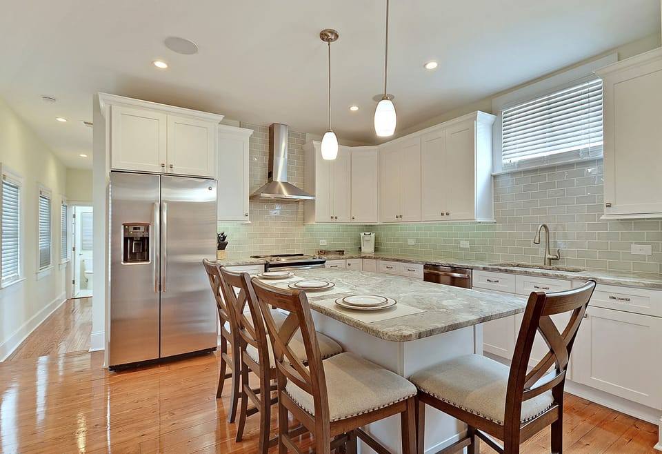 Large full size  kitchen, with bar stools for 4