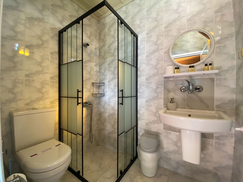 Shower, eco-friendly toiletries, hair dryer, slippers