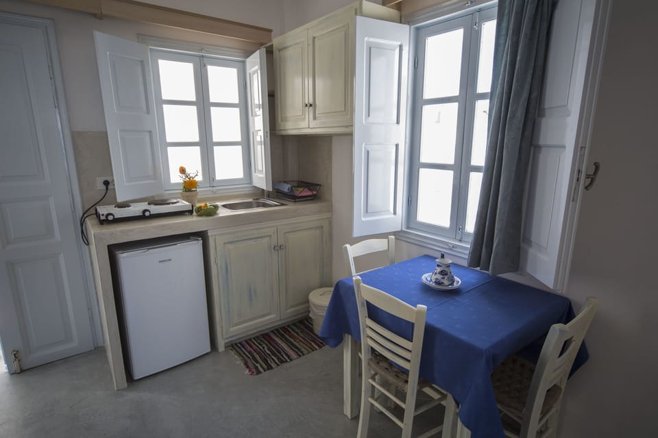 Fridge, oven, electric kettle, cookware/dishes/utensils