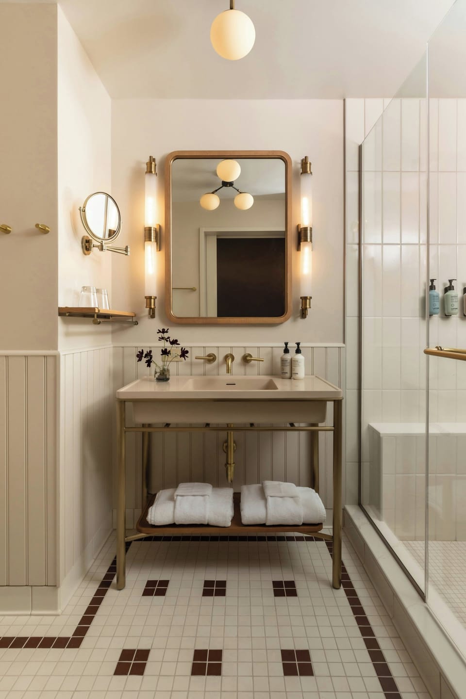 Shower, rainfall showerhead, designer toiletries, hair dryer