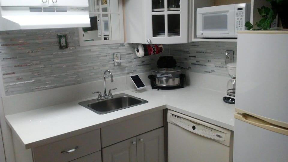 BRAND NEW KITCHEN WITH GLASS BACK SPLASH AND PEARL QUARTZ COUNTERS & DISHWASHER!