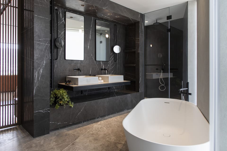 Shower, rainfall showerhead, eco-friendly toiletries, hair dryer