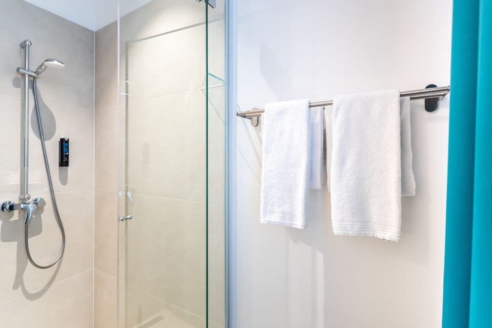 Shower, free toiletries, hair dryer, towels