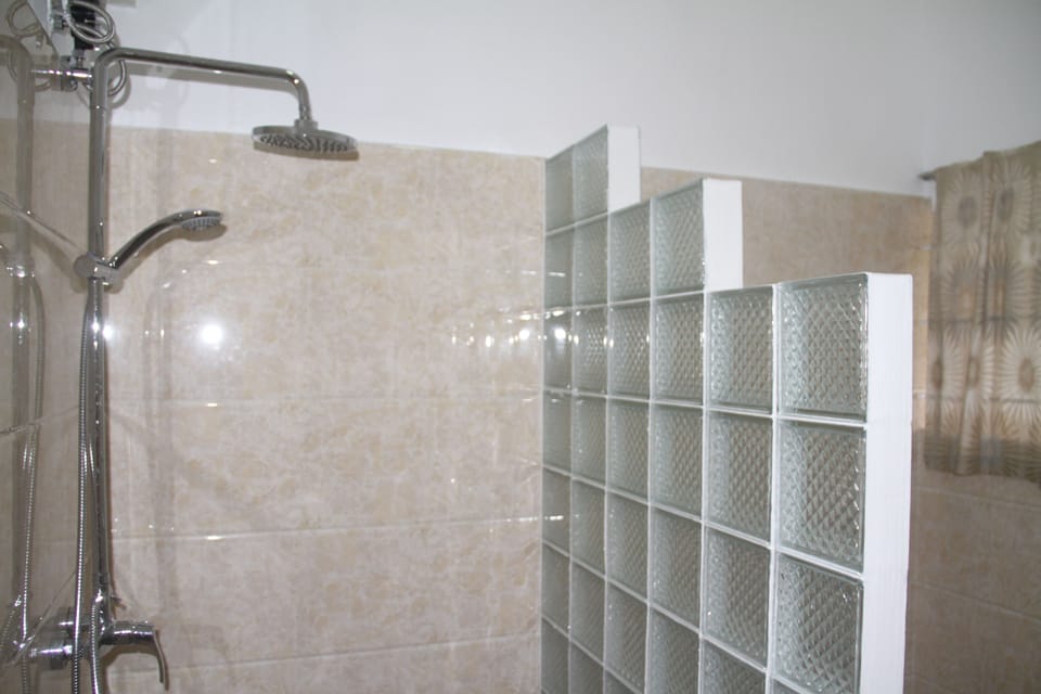 Shower, free toiletries, hair dryer, towels