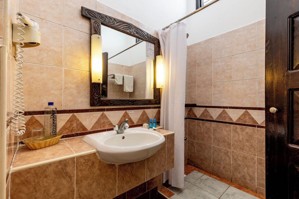 Shower, rainfall showerhead, free toiletries, hair dryer