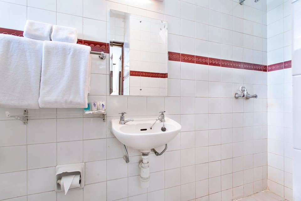 Shower, free toiletries, slippers, towels