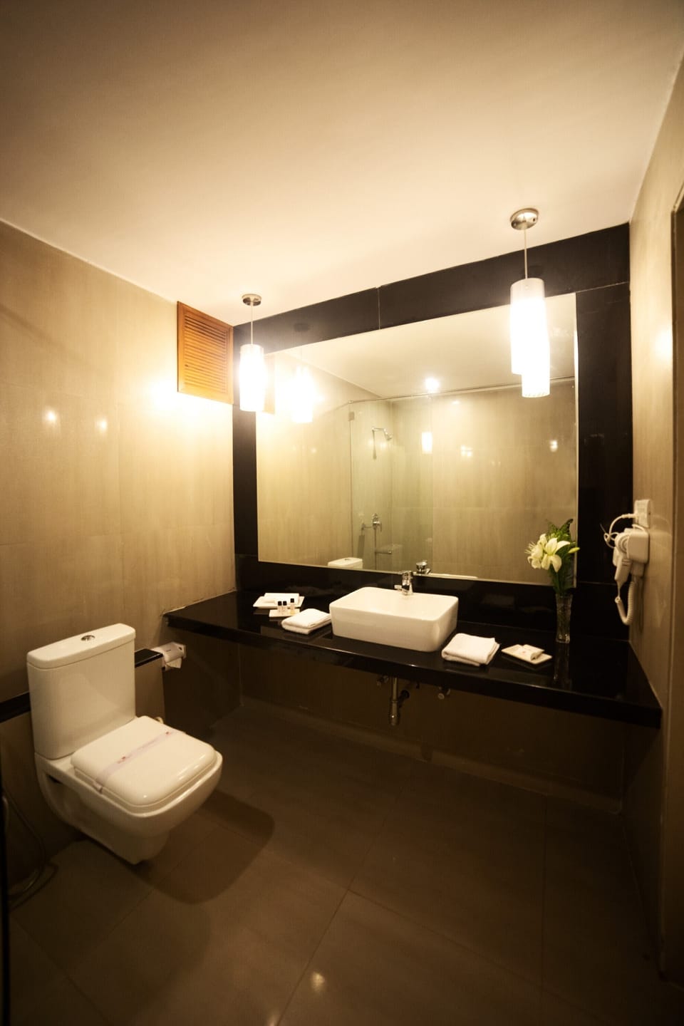 Shower, free toiletries, hair dryer, towels