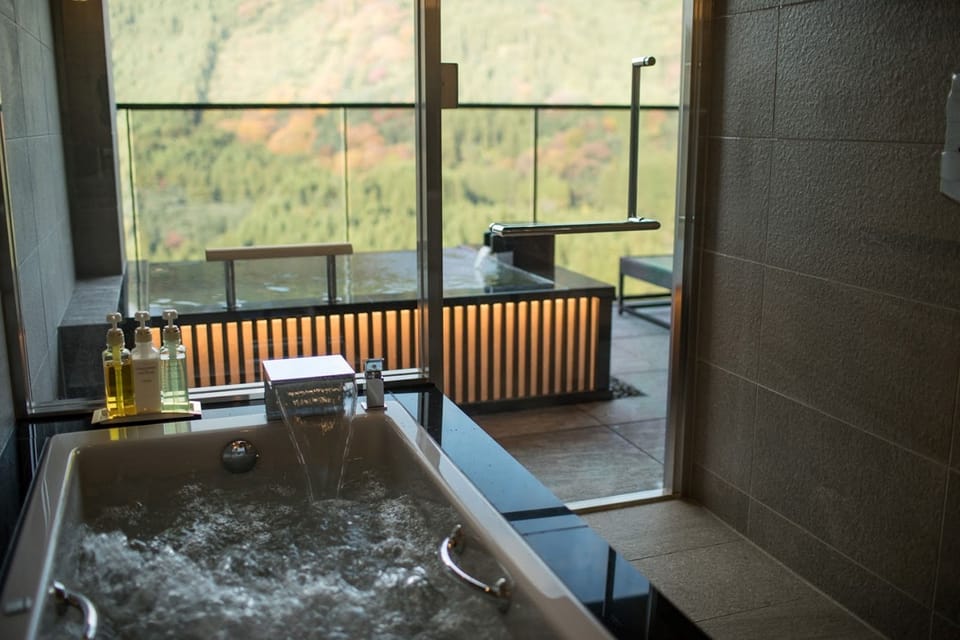 Separate tub and shower, free toiletries, hair dryer, bathrobes