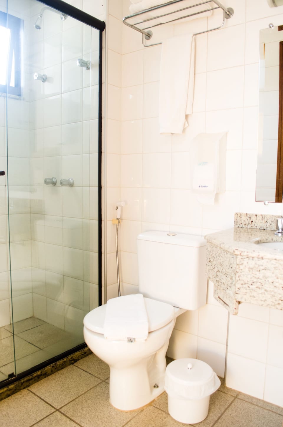 Shower, towels, soap, shampoo