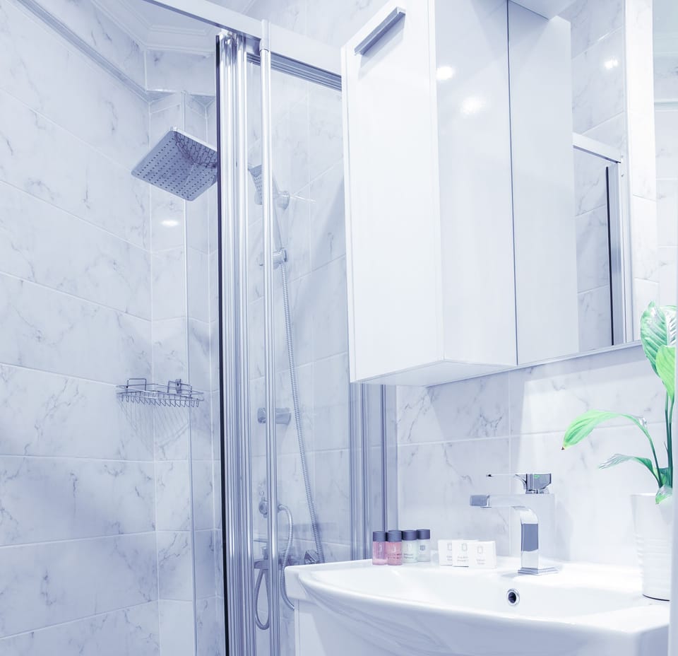 Shower, rainfall showerhead, free toiletries, hair dryer