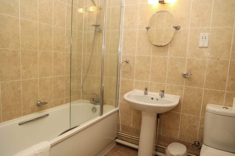 Combined shower/tub, free toiletries, hair dryer, towels