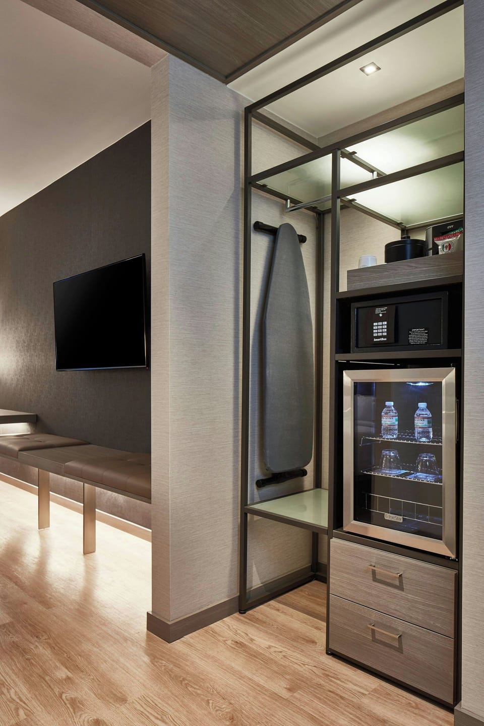 Premium bedding, desk, laptop workspace, iron/ironing board