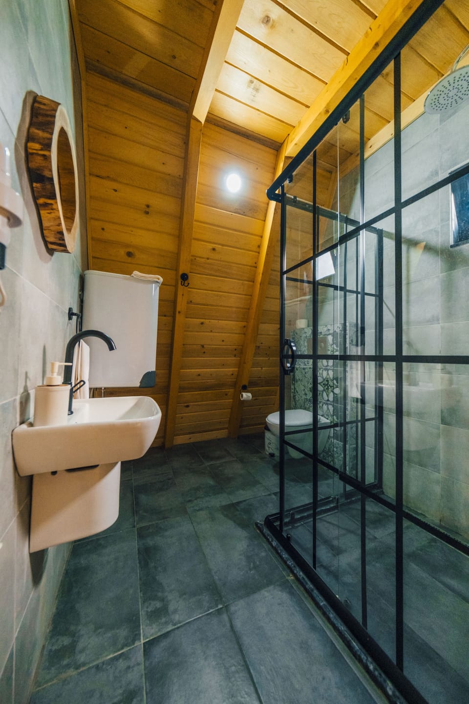 Shower, hydromassage showerhead, designer toiletries, hair dryer
