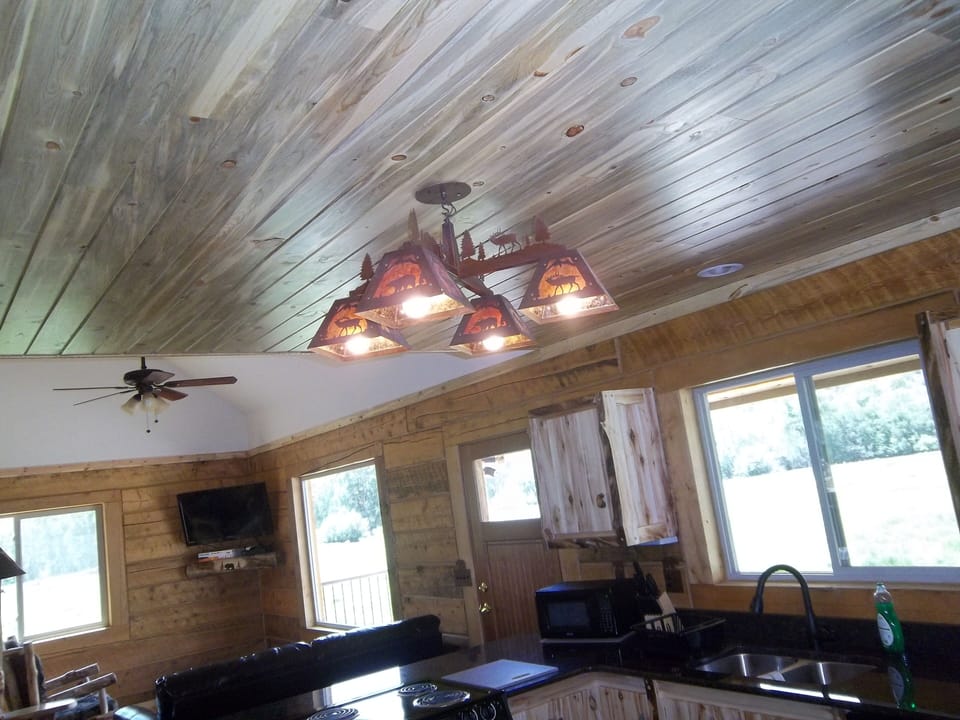 Picture of custom made light fixture and beetle kill pine paneling.