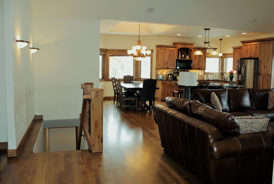 Main floor open living area. Kitchen with double ovens and microwave.