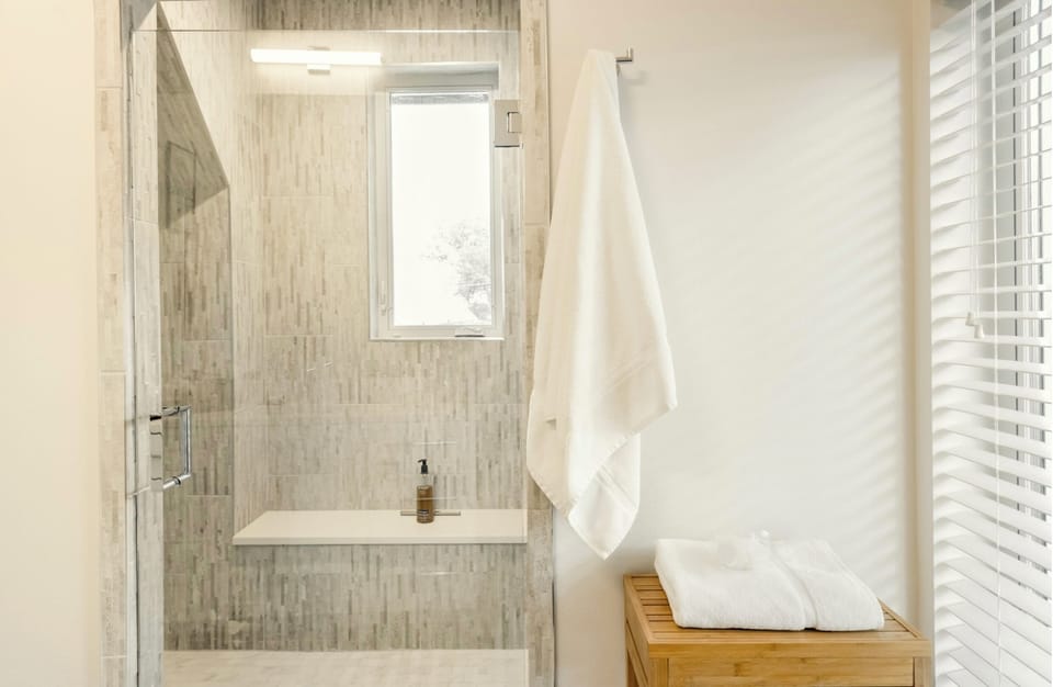 Huge shower with shower heads to the 