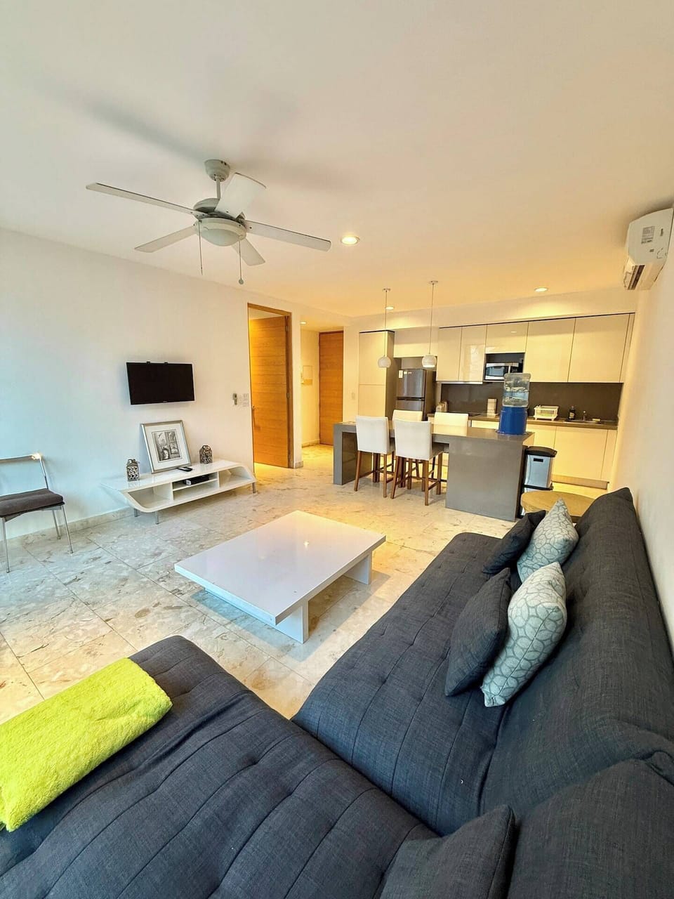 Spacious living room and open kitchen