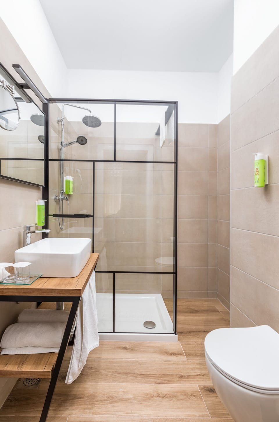 Hair dryer, towels, soap, toilet paper
