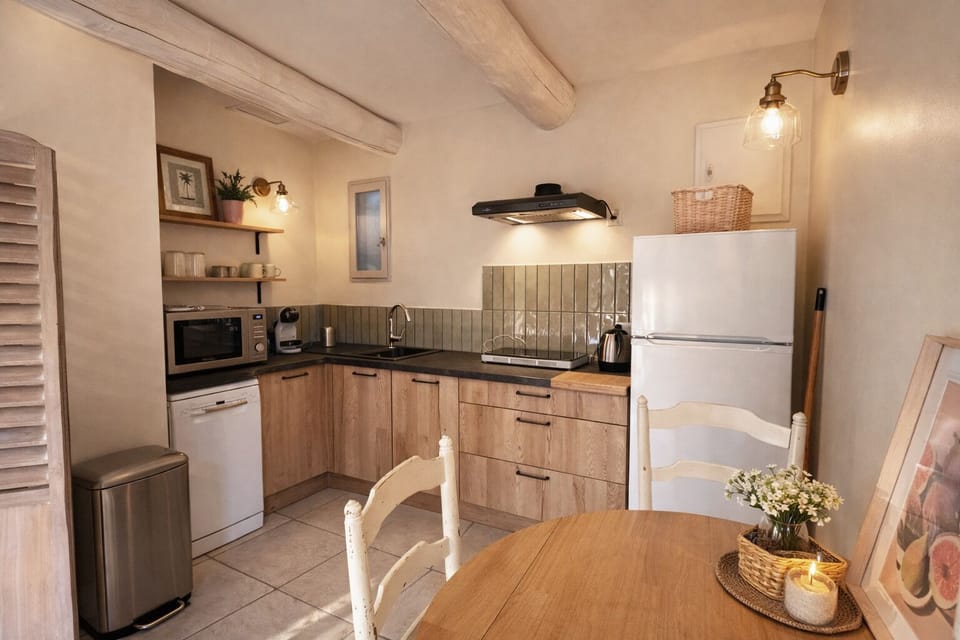 Family Triple Room, Multiple Beds, Non Smoking, Pool View (Lilas) | Private kitchen | Full-size fridge, microwave, oven, dishwasher