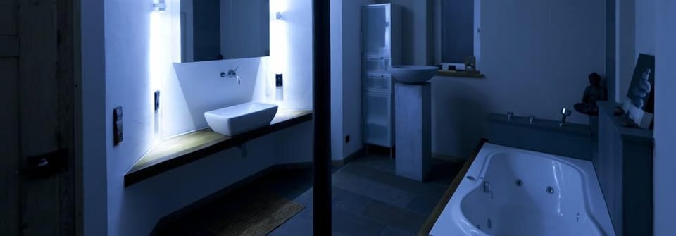 Shower, hair dryer, slippers, towels