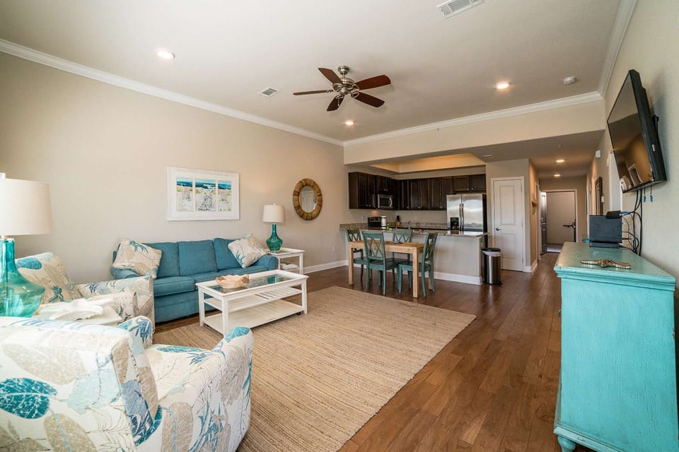 Large great room in the colors of the sand and sea