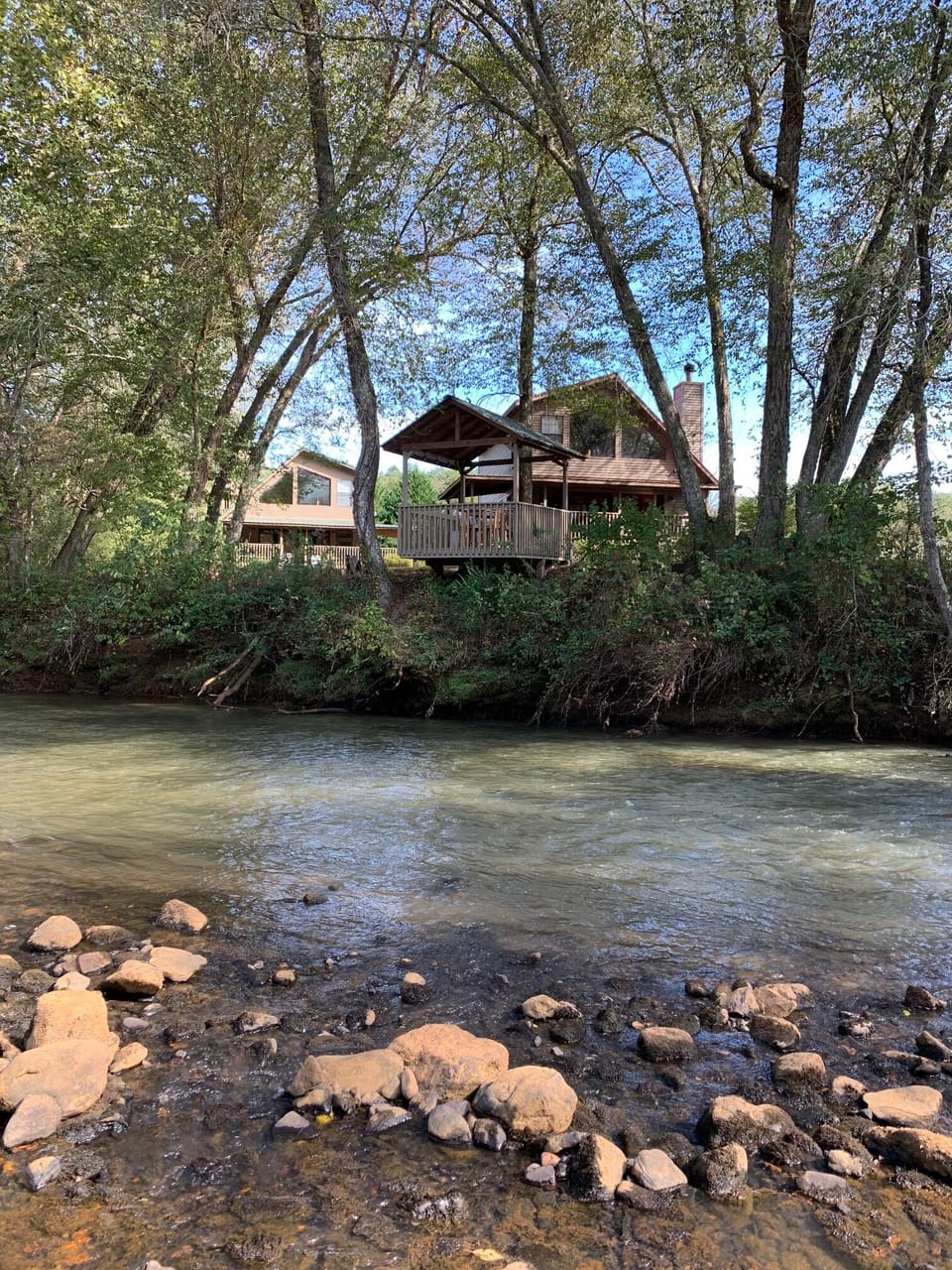 View of both chalets from the Nottely River.