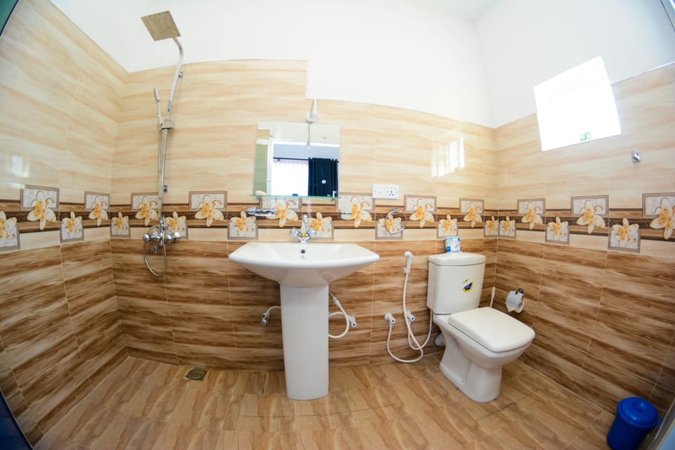 Shower, free toiletries, hair dryer, towels