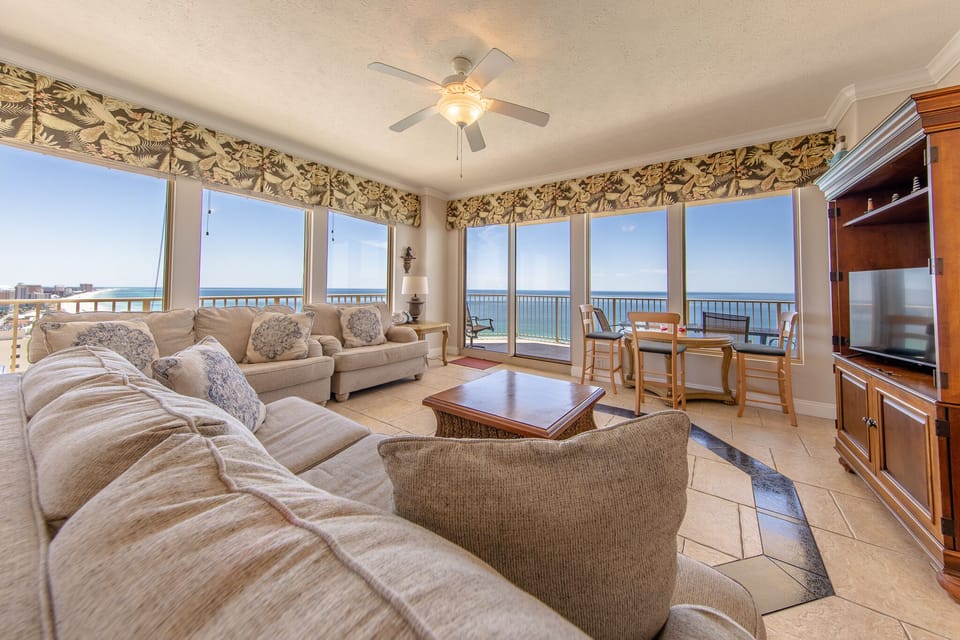 Gulf front living room with wrap around views!