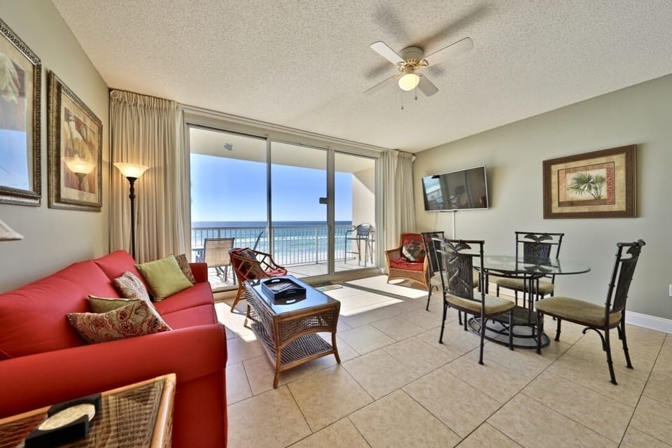 Living room with a breathtaking view of the Gulf!