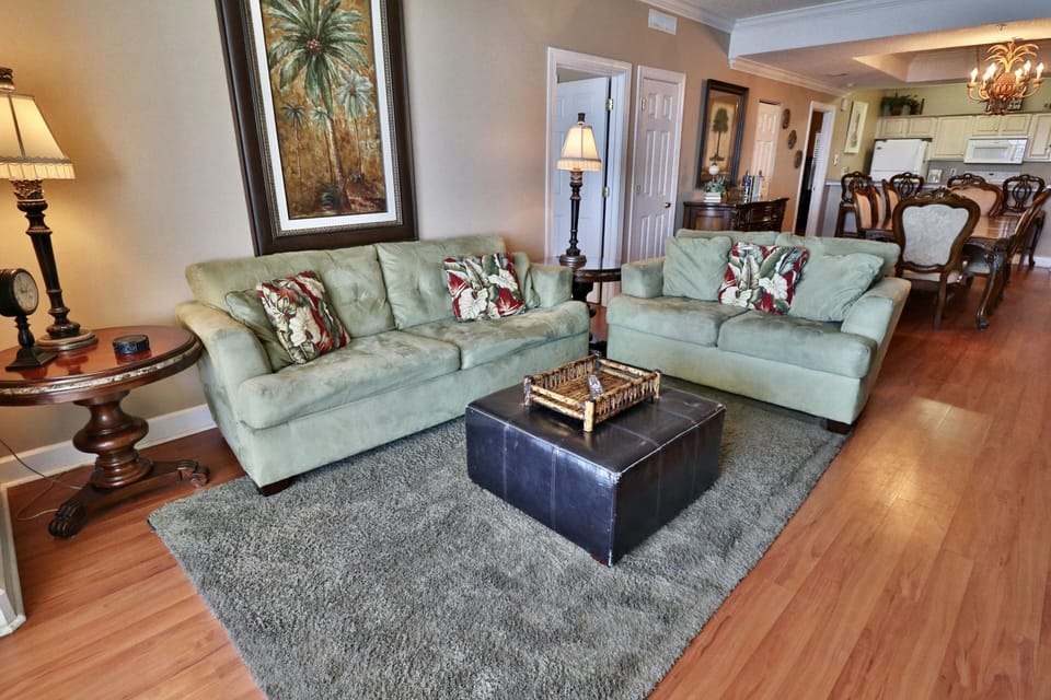 Sleeper sofa in the living room, pulls out into a queen size bed.