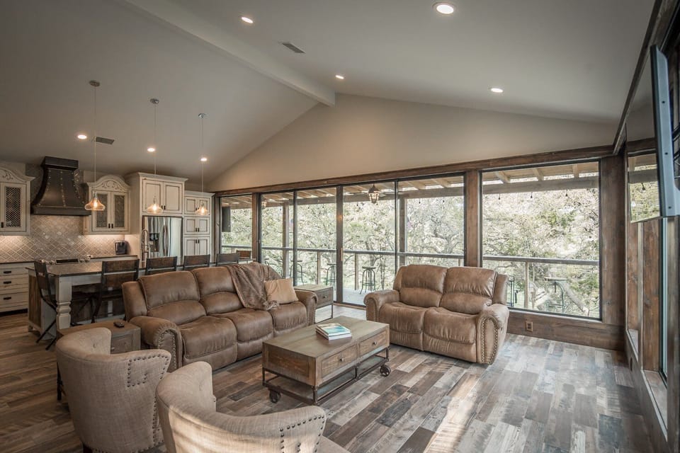 Cozy living room + Hill Country views