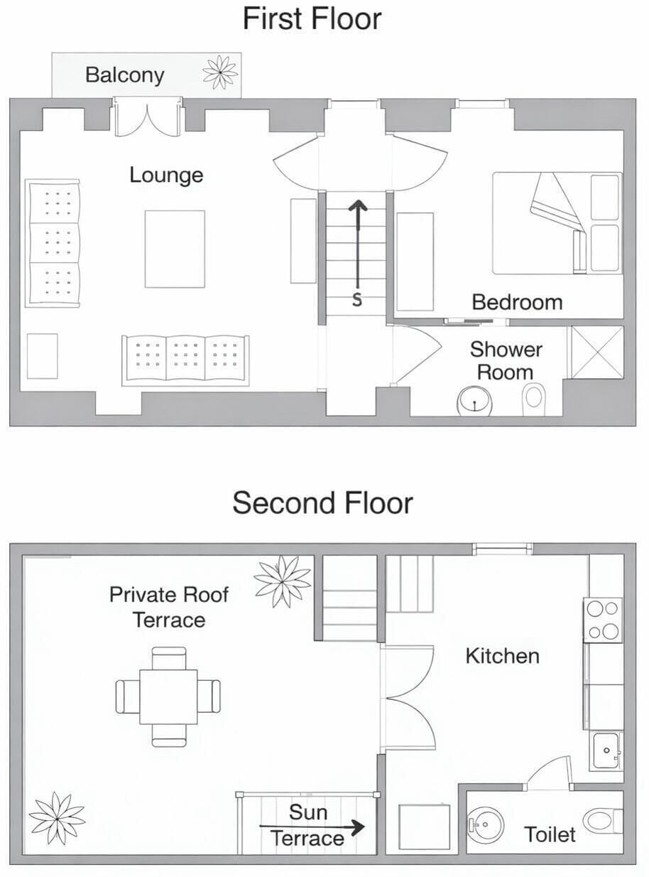 Floor Plan: 1st & 2nd floor. Ground Floor and Upper Sun Terrace are not shown