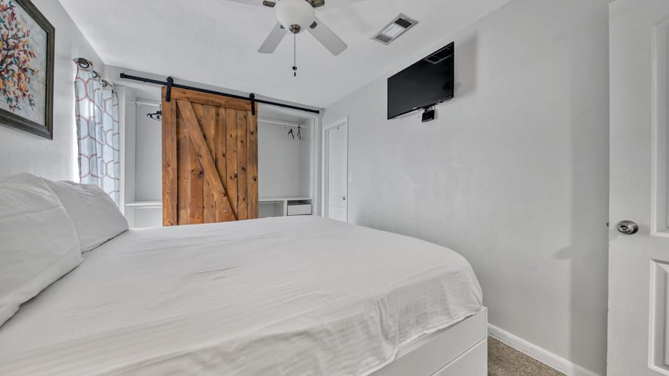 Wall Mounted TV and Organized Closet With Rustic Barn Door