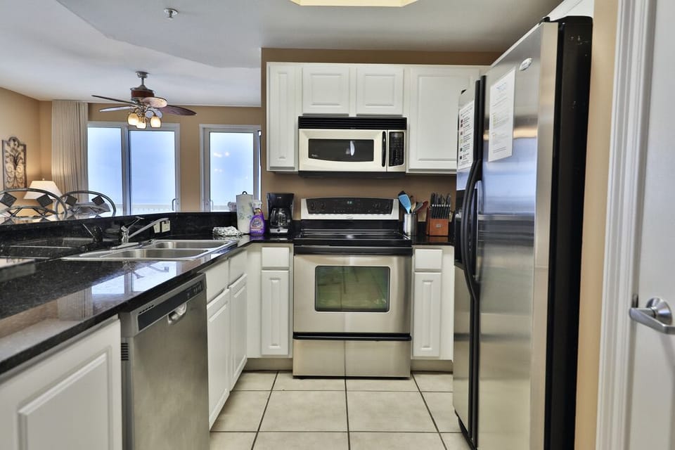 Fully stocked kitchen.