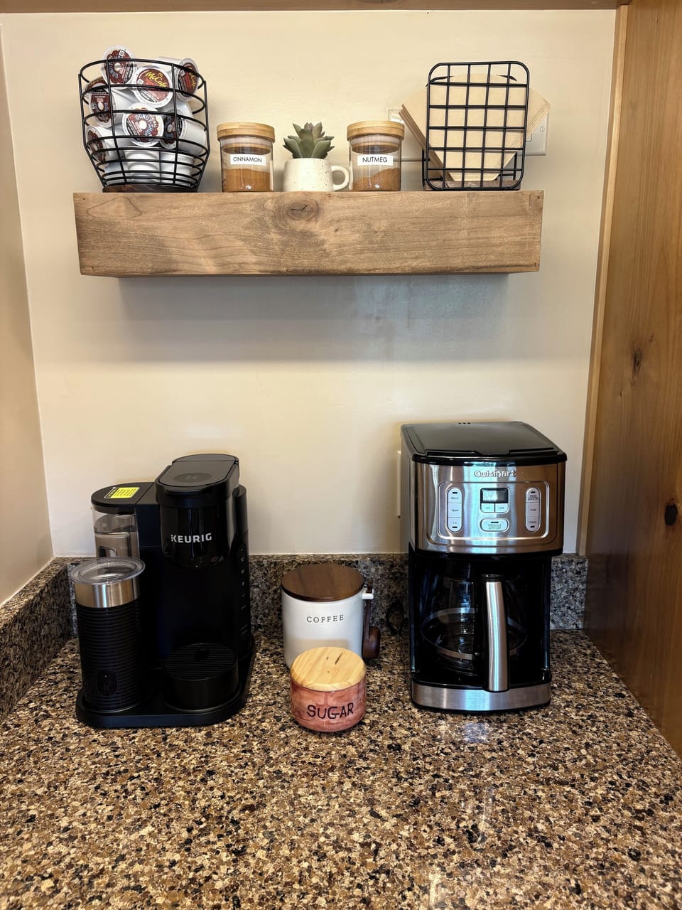 Keurig with milk frother, K-Cups, Cuisinart drip coffee maker, Folgers grounds 