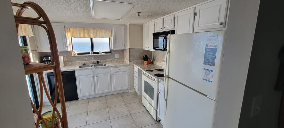 Kitchen with a beach view
