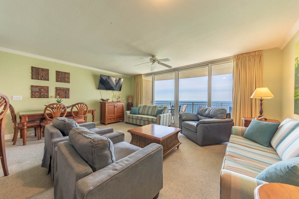 Beautiful view from the Gulf front living room with Private Balcony 2 Sofa Sleepers with Queen Size Beds Plenty of seating for a large group