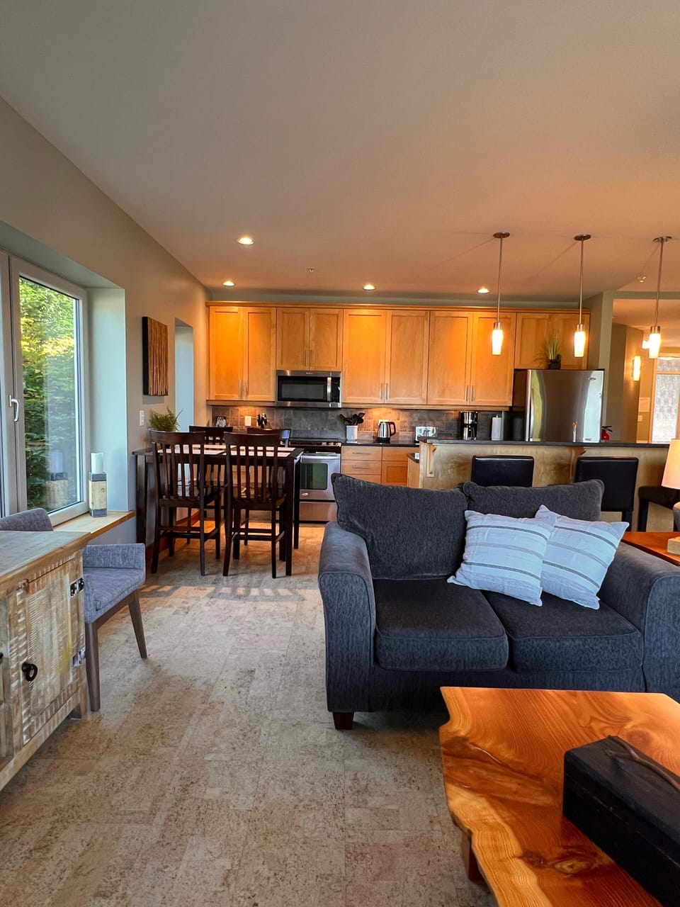 Open kitchen, dining, living area