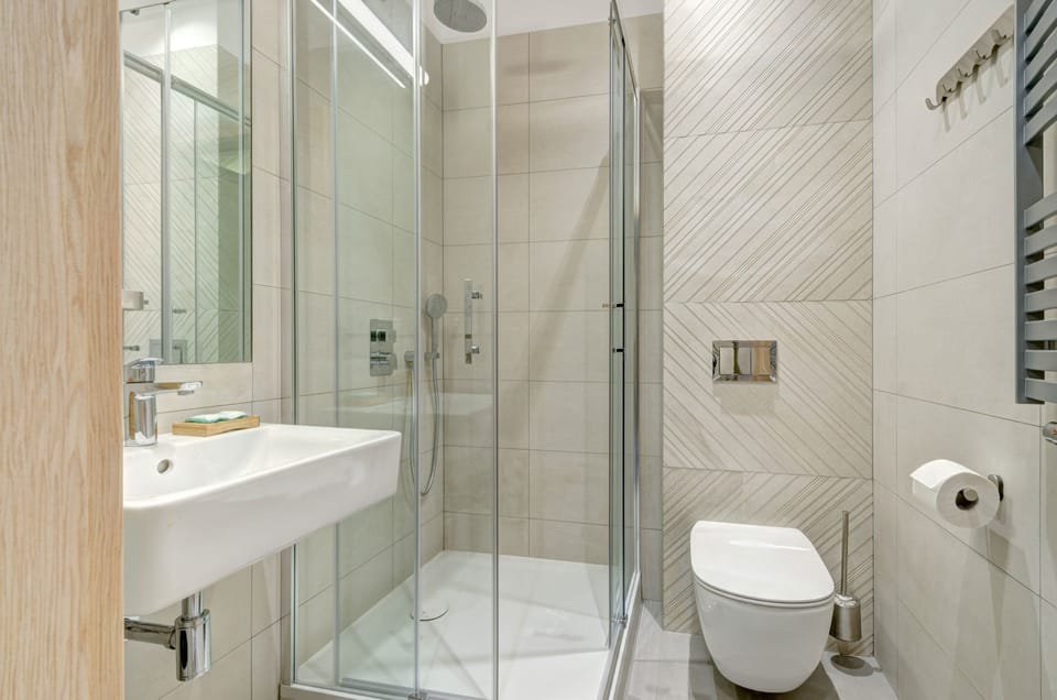 Shower, free toiletries, hair dryer, towels