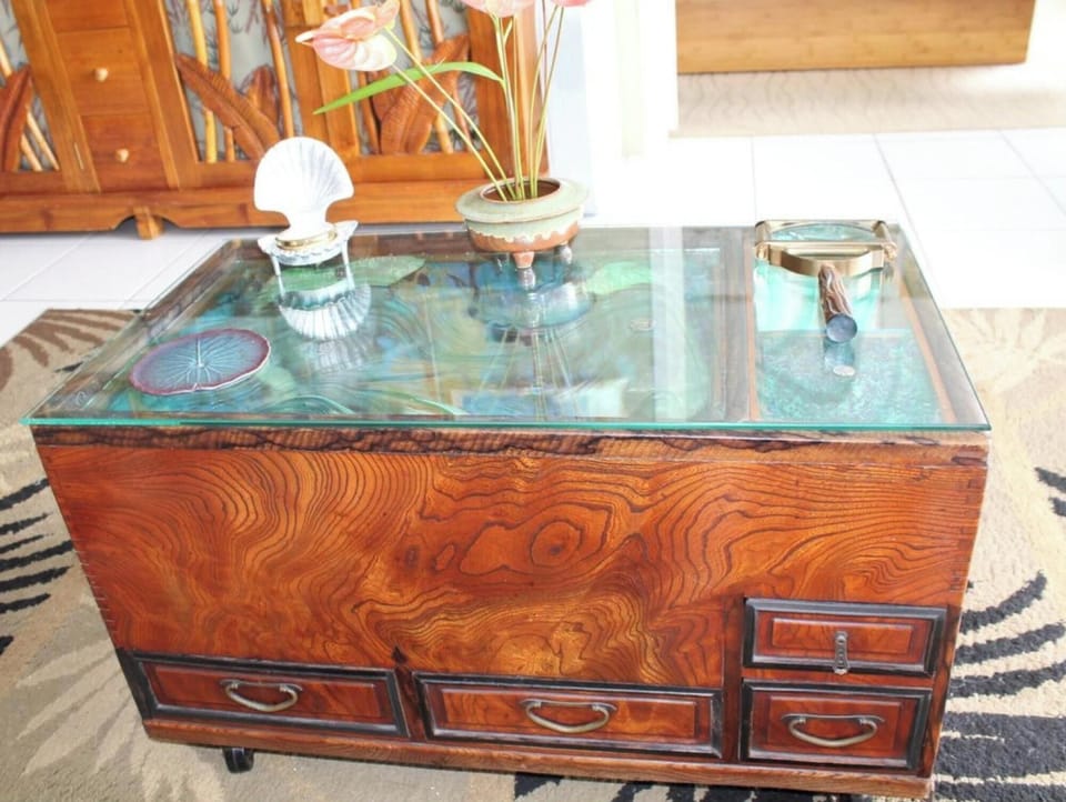 Living room: custom chest.

