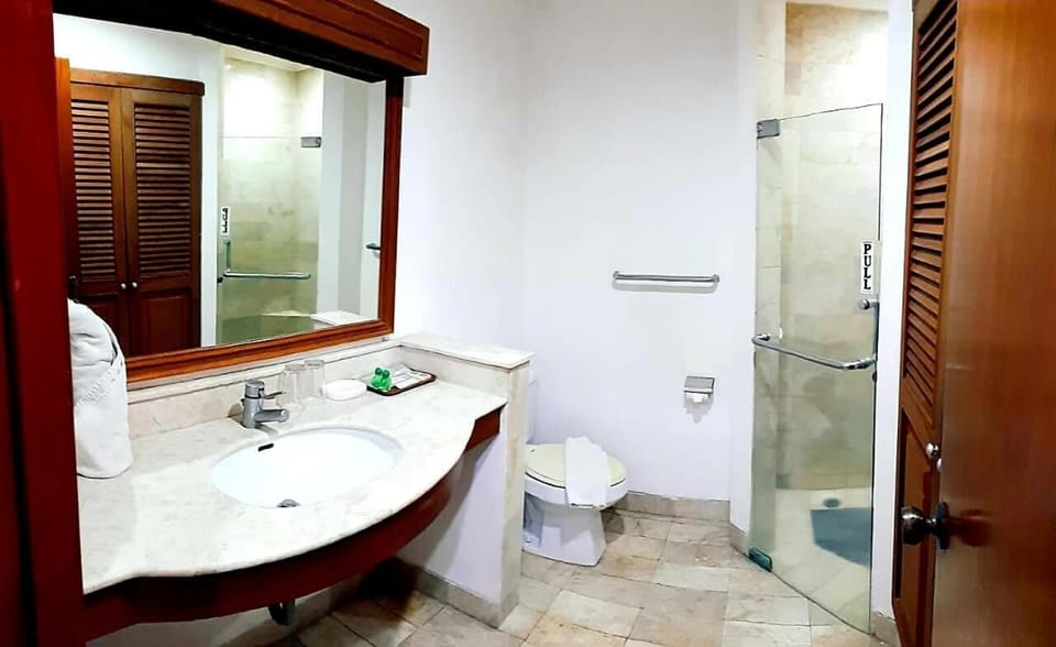 Shower, free toiletries, towels