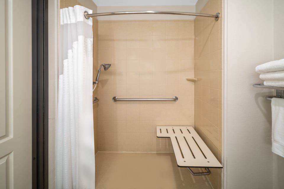 Combined shower/tub, free toiletries, hair dryer, towels