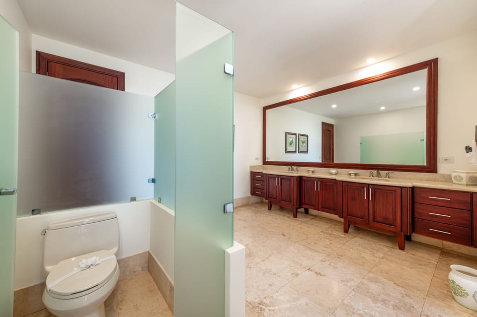 Master bedroom bathroom with toilet surrounded by privacy glass and door