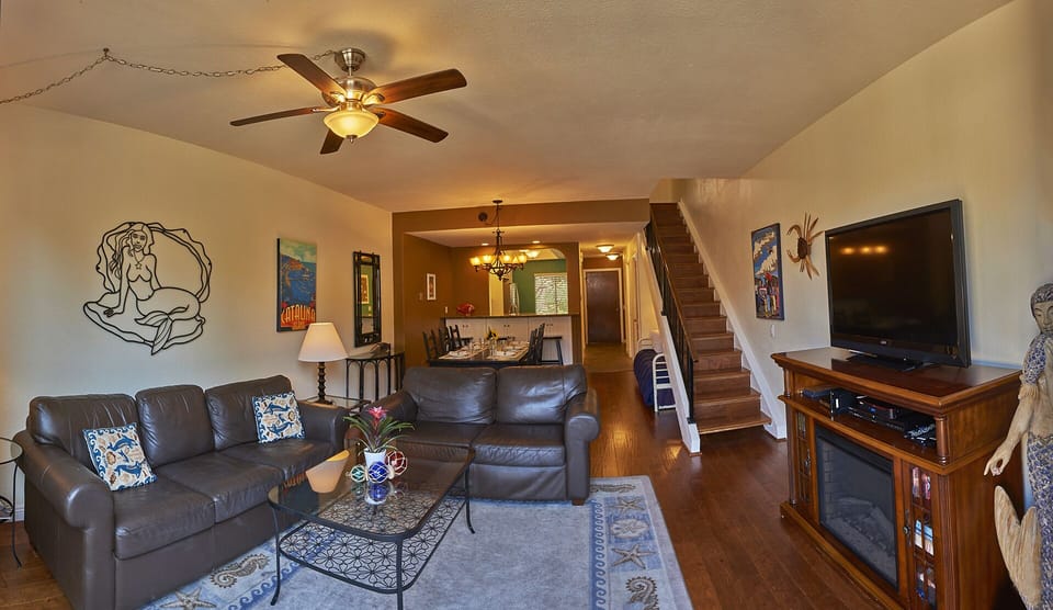 Comfy living room has a large-screen TV with Roku, Netflix.