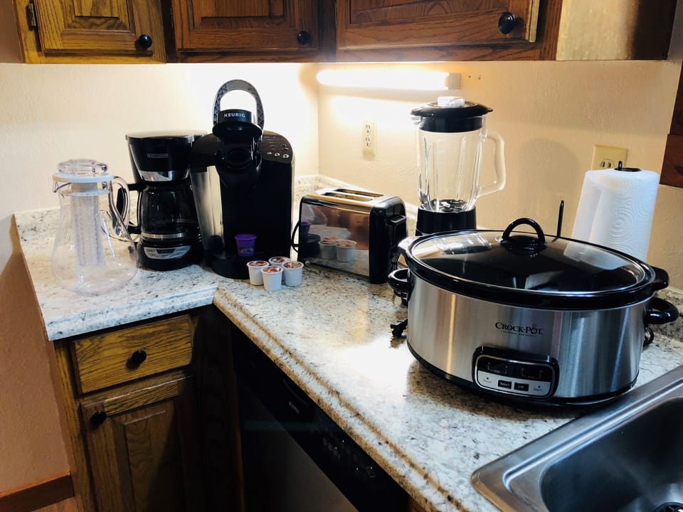 We provide 2 coffee pots, a blender, crock pot , toaster and a pitcher! 
