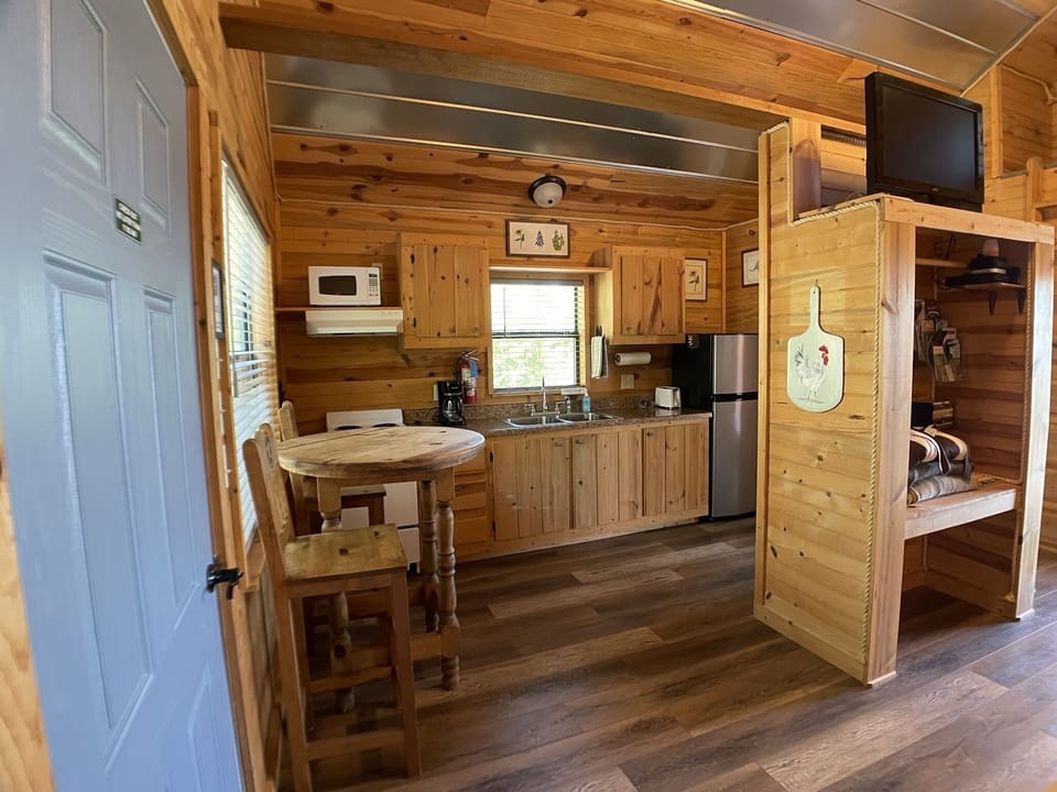 The Hideaway Cabin, Pet Friendly | Private kitchen | Coffee/tea maker, full-size fridge, microwave, oven