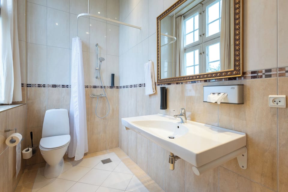 Shower, free toiletries, hair dryer, towels